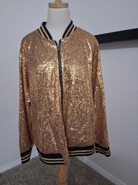 torrid Gold Sequin Bomber Jacket with Black-Trim Ribbing Size 2